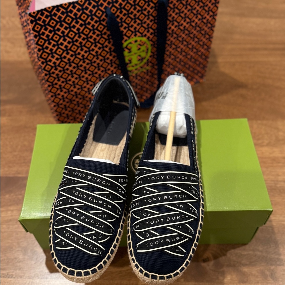 Tory Burch Navy and White Espadrilles